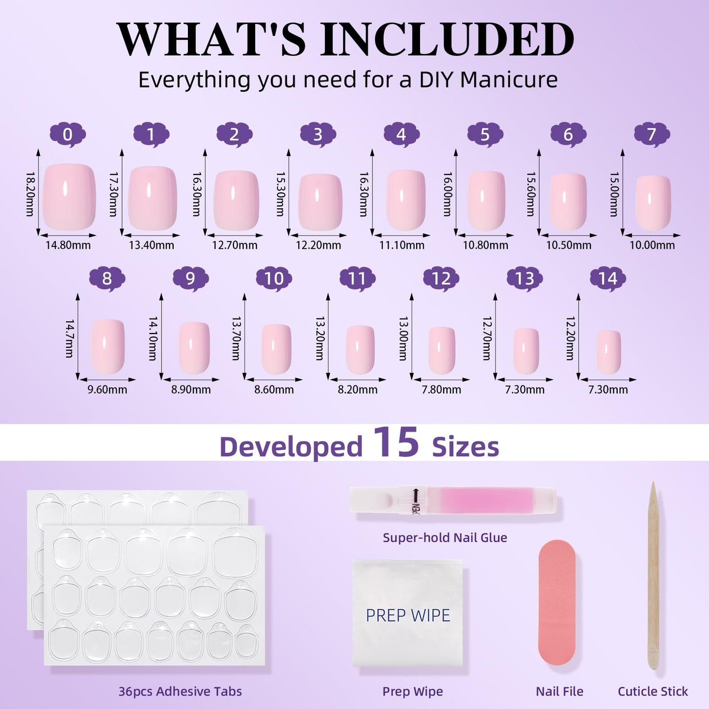 Pink Press On Nails Short Square - Solid Light Pink Glossy Fake Nails with Glue and Adhesive Tabs for Women, Reusable Press On Nail Kit, 30 PCS in 15 Sizes
