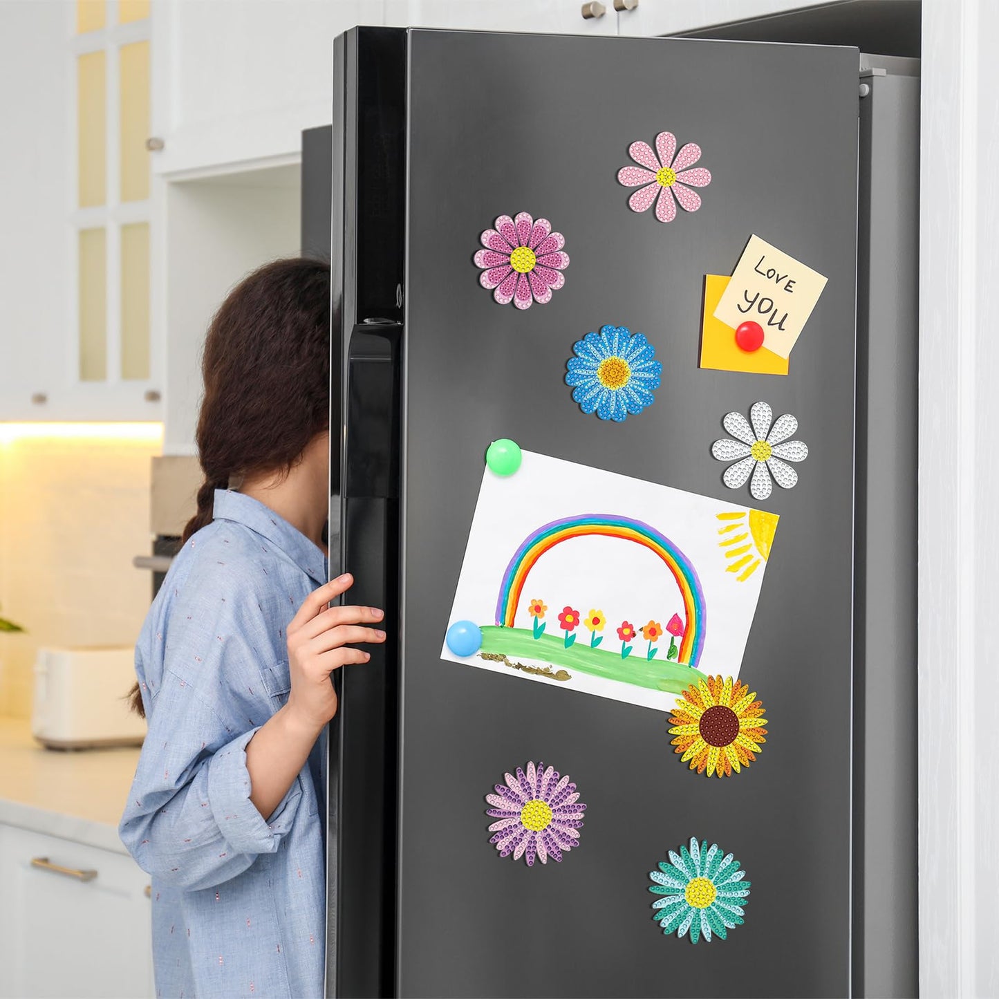 Copkim 30 Pcs Diamond Art Magnets Refrigerator Easy Art Kits Fridge Diamond Painting Magnets Stickers for Adults DIY Home Decors Flower Butterfly(Daisy)