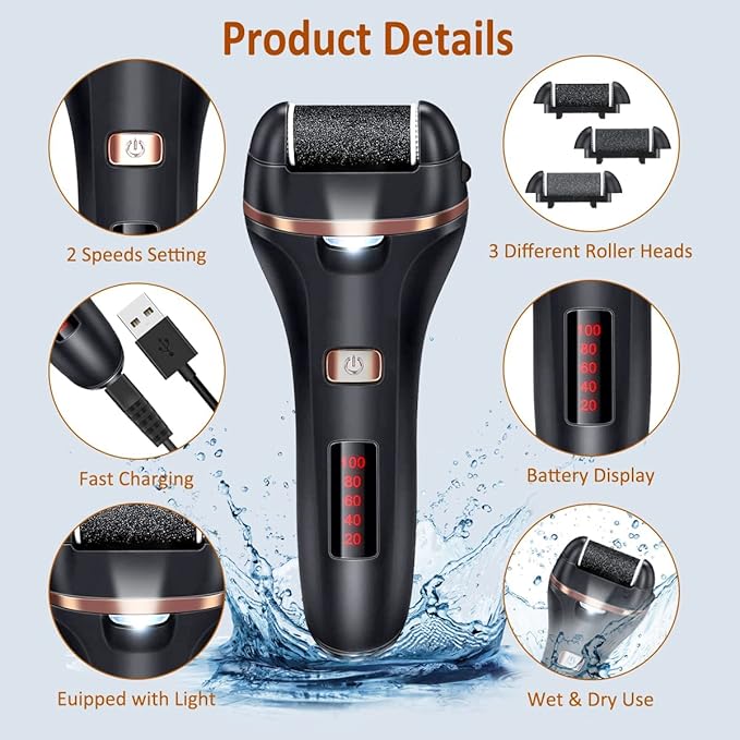 Electric Callus Remover for Feet,Rechargeable Foot File Hard Skin Remover,Waterproof 14 in1 Professional Pedicure Kit for Cracked Heels &Dead Skin,with 9 Roller Heads 2 Speed, Battery Display