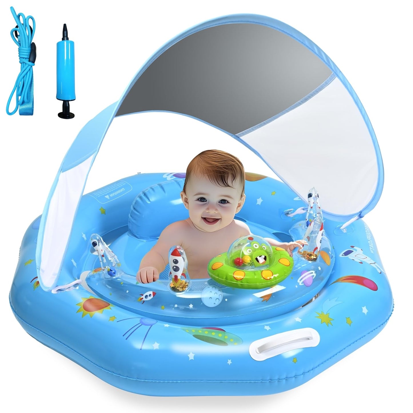 Baby Pool Float with Canopy, Inflatable Baby Swim Float with UPF50+ Sun Protection, Infant Pool Float with Toy Play Console,Safety Handles & Leashes,Adjustable Safety Seat For Toddler Aged 6-36 Months