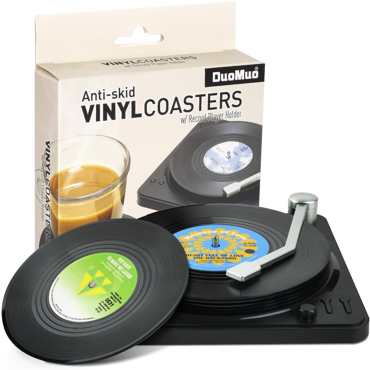 Funny Retro Record Coasters for Drinks with Vinyl Player Holder - Set of 6 Coaster White Elephant Gifts for Music Lovers, Conversation Piece Sayings,Housewarming Hostess Wedding Registry Gift Ideas
