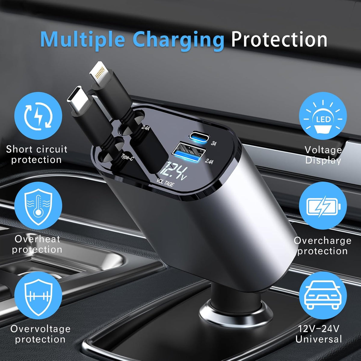 Retractable Car Charger, 66W 4 in 1 Super Fast Charging Car Phone Charger with 2 Retractable 31.5 Inch Cables and 2 USB Ports for iPhone 15/14/13/12/11, Galaxy, Pixel（S）