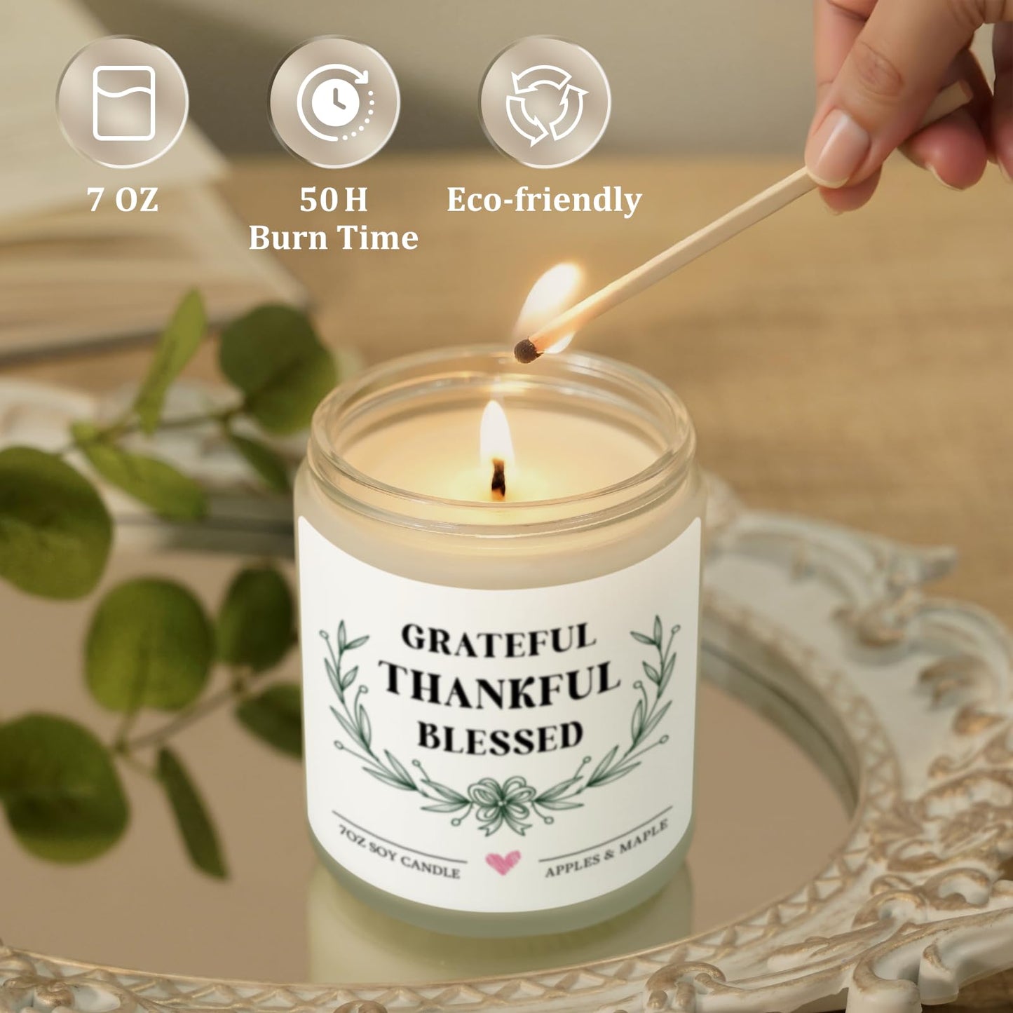 Gifts for Women Men, Grateful Thankful Blessed Candle Gift - Apple Maple Scented, Thanksgiving Housewarming Gifts for Hostess Friend, Christian Gift for Women, Fall Decorations for Home