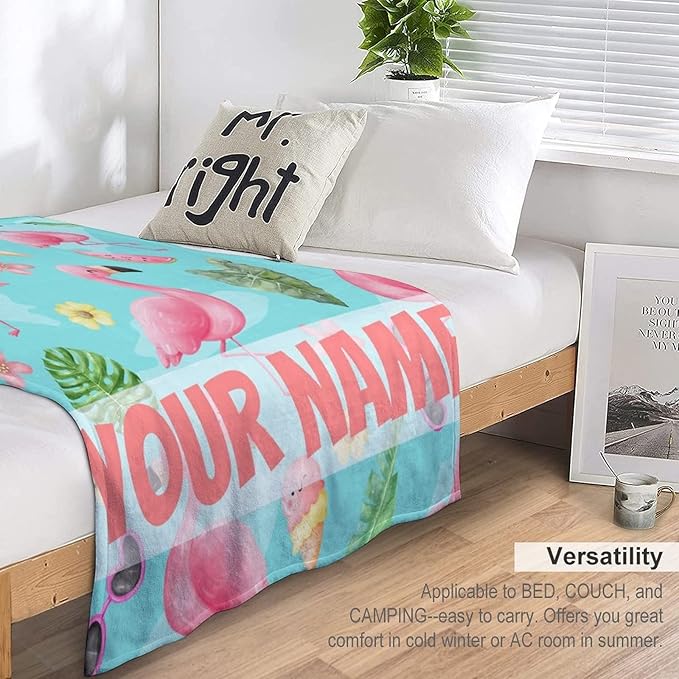 Custom Flamingo Blankets Gifts with Name - 30 x 40 Inches Cute Throw for Boys - Green Soft Fuzzy Plush Flamingo Blankets for Chair