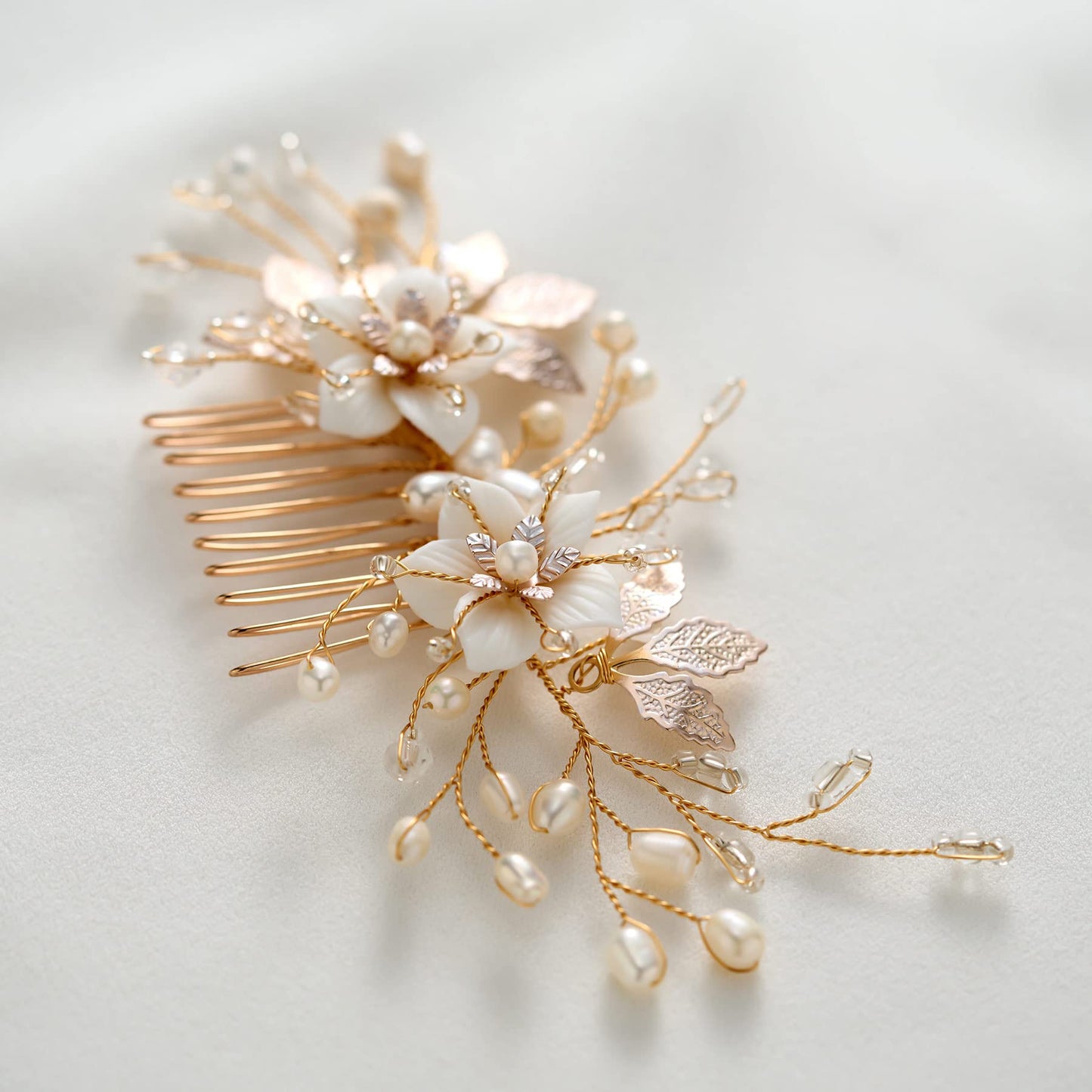SWEETV Wedding Hair Comb for Bridal Hair Accessories, Handmade Flower Bridal Hair Clip Hair Pieces, Gold, 5.12 *2.75 inches, 1 Count (Pack of 1)