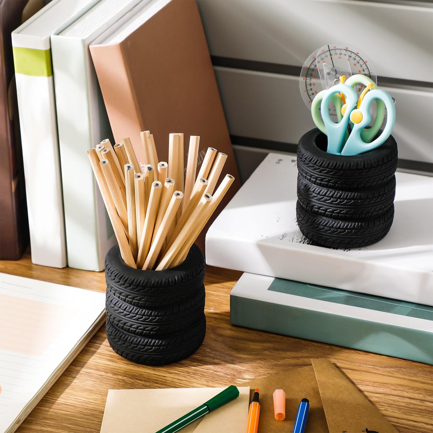 Tenceur 8 Pcs Tire Shaped Pen Holder Pen Holder for Car Desk Decor for Men Tire Shaped Pencil Boxes Bulk School Accessories Funny Pencil Brush Pot for Office Desk Accessories Back to School Gift