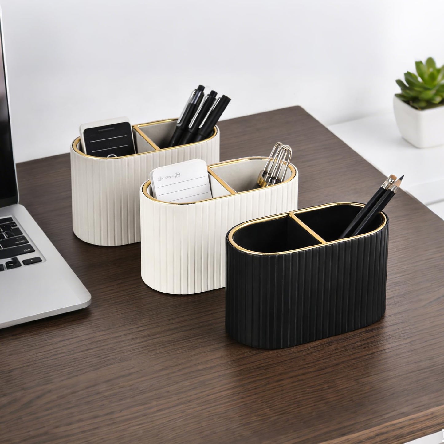 XNONE PU Leather Desk Organizer,Pen Holder,Small Remote Control Holder Pencil Cup Multifunctional Nightstand Organizer Caddy for Home School Office Desk Accessories,2 Compartments (Cream White)