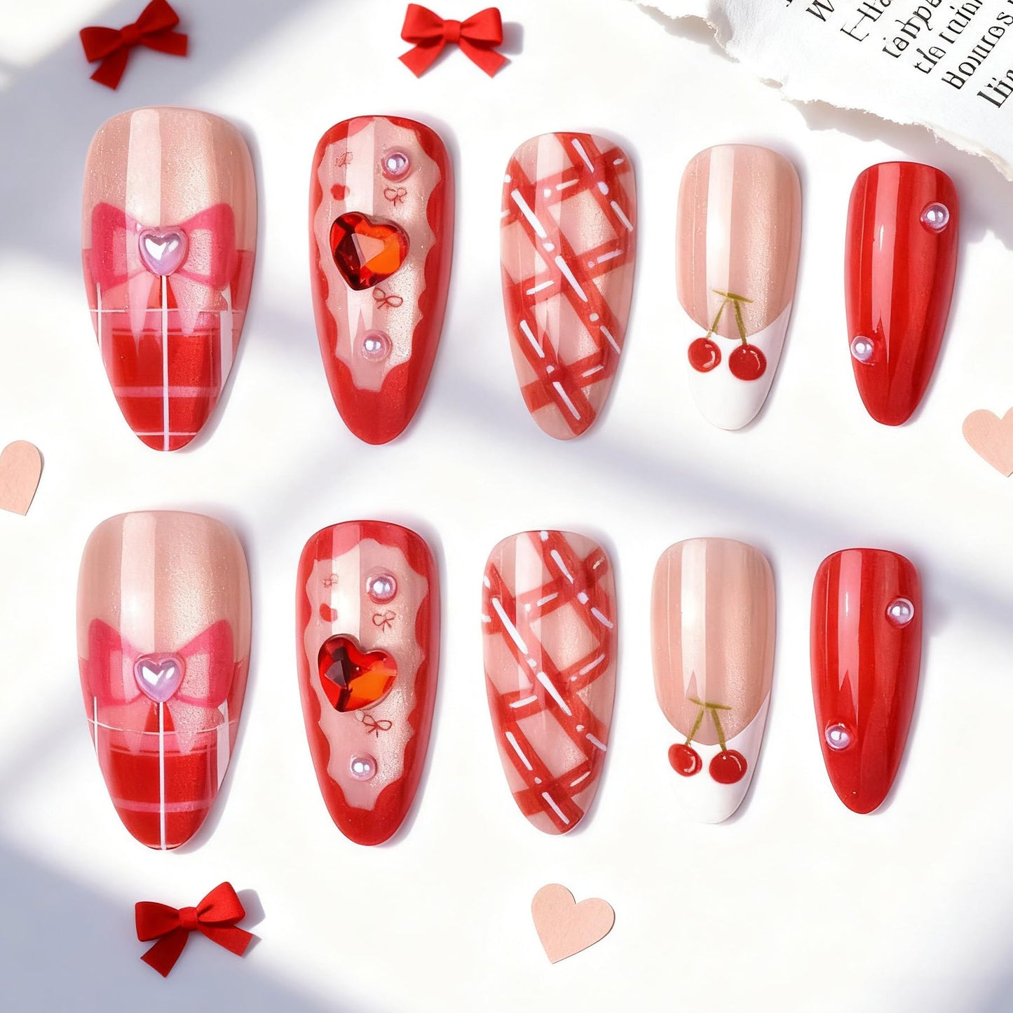 plalely Almond Press on Nails Long Red Fake NailCute Heart Rhinestones Acrylic Nail Press ons with Cherry Design Stick on Nails for Women 24pcs