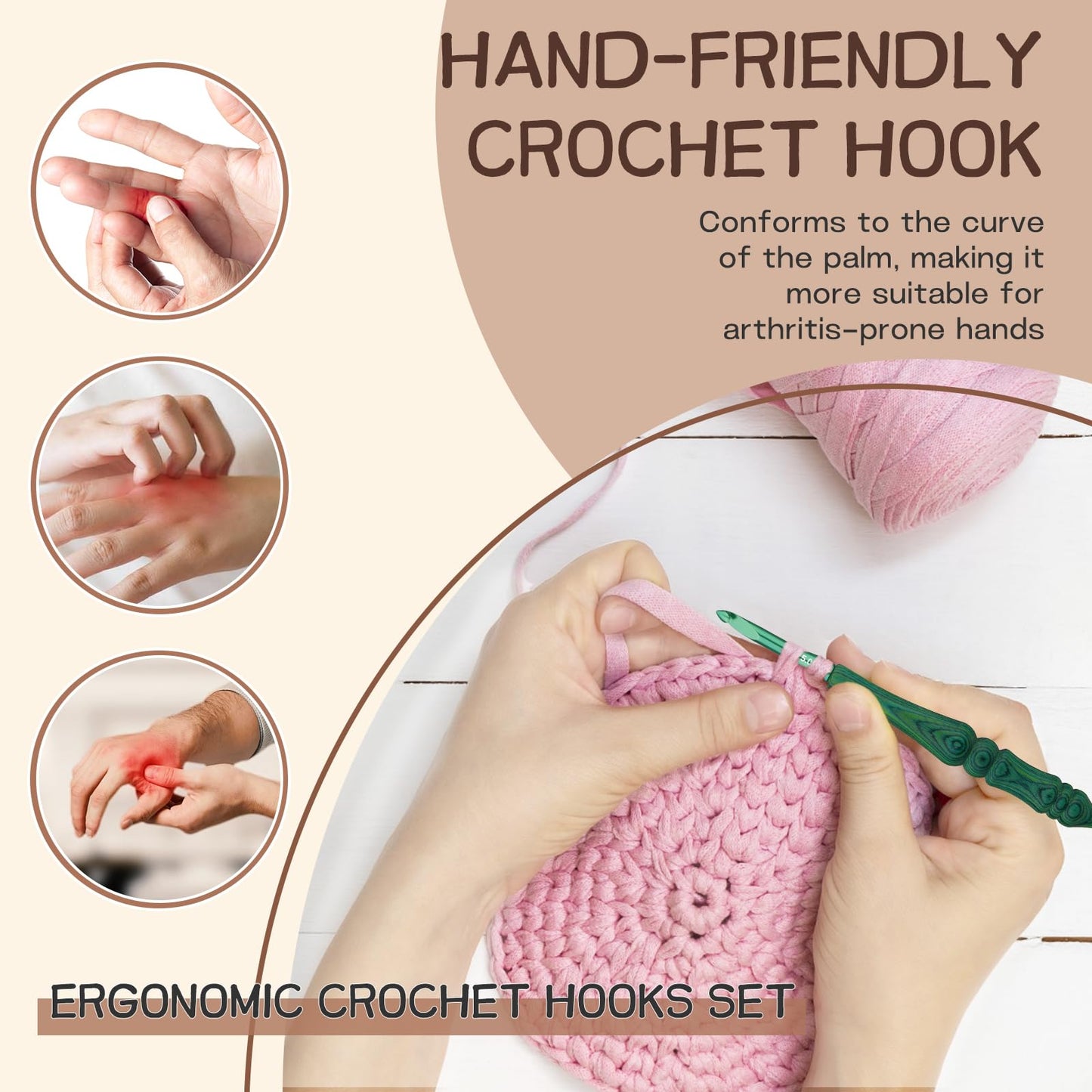 BALDCC Wooden Crochet Hooks 8 Sizes, Ergonomic Crochet Hooks Set for Arthritic Hands 3mm-7mm, Aluminum Crochet Hook Hand Polished Handle with Storage Bag for Crocheting and Knitting (Green Bag)