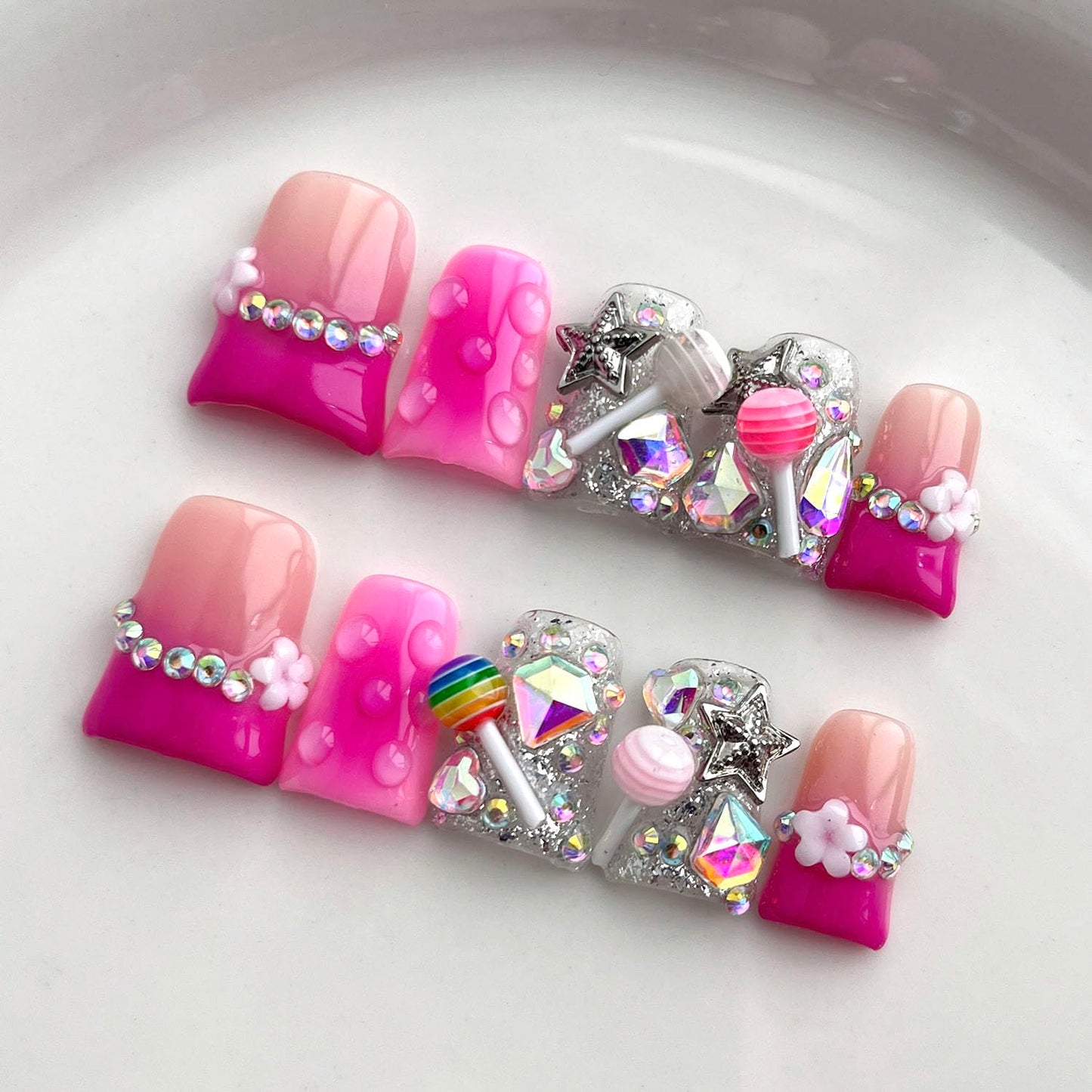 French Tip Press on Nails Handmade Short Duck 3D Thick Acrylic Nails Cute False Nails with Lollipop Stars Flower Designs Pink Glossy Fake Nail Sturdy Art Press on Nail 10Pcs(S)