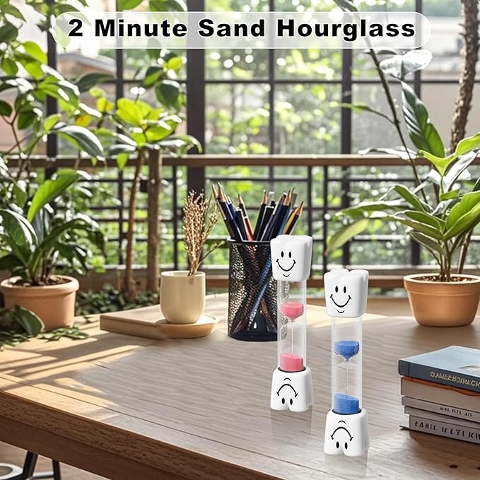 2 Minute Toothbrush Sand Timer for Kids, Small Blue and Red Smiley Acrylic Hourglass Sand Clock Set, Plastic Glass Mini Sandglass for Classroom Games Kitchen (Pack of 2)