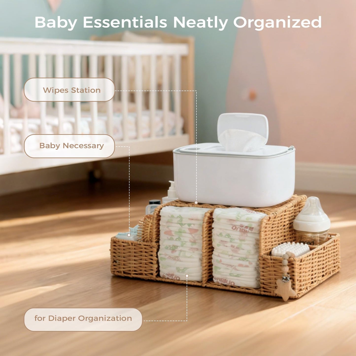 Klippehop Diaper Caddy Organizer, Hand Rattan Nursery Storage Basket for Baby Essentials, Baby Changing Table Organizer Perfect Nursery Assistant (Hollow PE Rattan - Style 2, L)