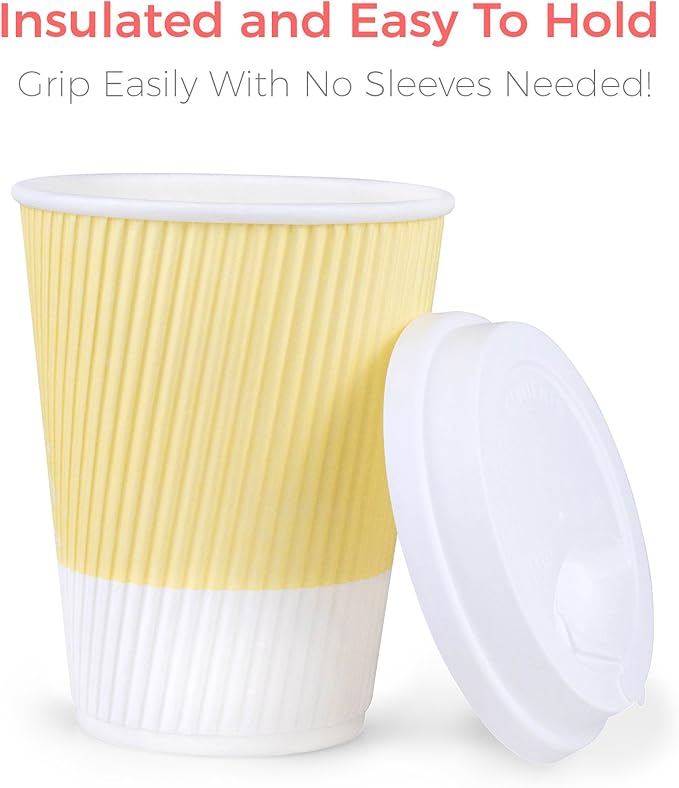 Disposable Coffee Cups With Lids - (80 set) 12 oz To Go Coffee Cups With Resealable Lids Prevent Leaks! Travel Insulated For Hot Beverages. Will Not Bend With Heat Or Burn Fingers!