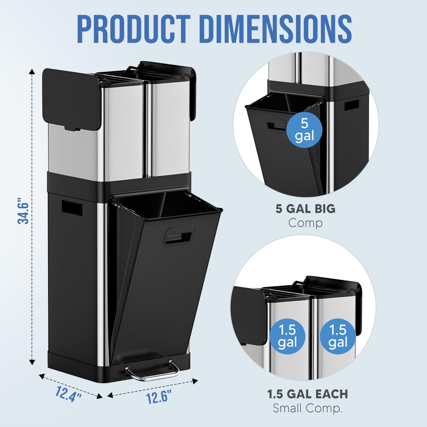 HOLDN’ STORAGE 32L Triple-Compartment Trash & Recycling Bin for Kitchen, 2 Removable Hook-On Bins, Multi-Access Opening, Odor Control, Stainless Steel, 3 Trash Bag Rolls Included