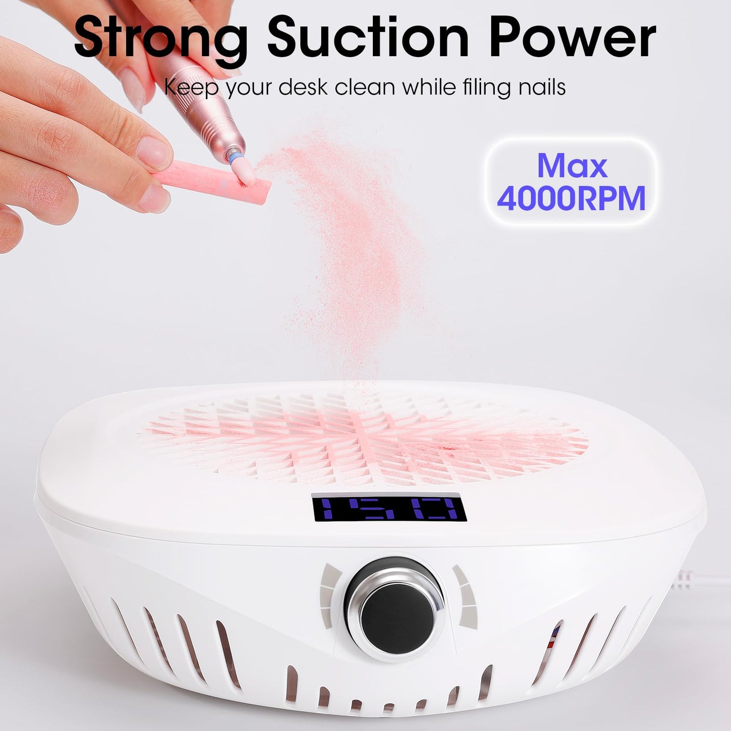 Gellen Nail Dust Collector with LED Display, 4000RPM Powerful Suction Vacuum Fan with Reusable Filter, Soft Ergonomic Shell Nail Vacuum Cleaner for Acrylic Nail Tech, Home & Salon