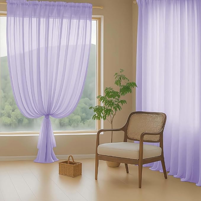 Lavender Sheer Curtains 90 Inches Long 2 Panels, Light Filtering Solid Sheer Curtains for Bedroom Living Room, Lightweight Soft Airy Voile Sheer Drapes, Dual Rod Pocket, 2x42Wx90L Inches