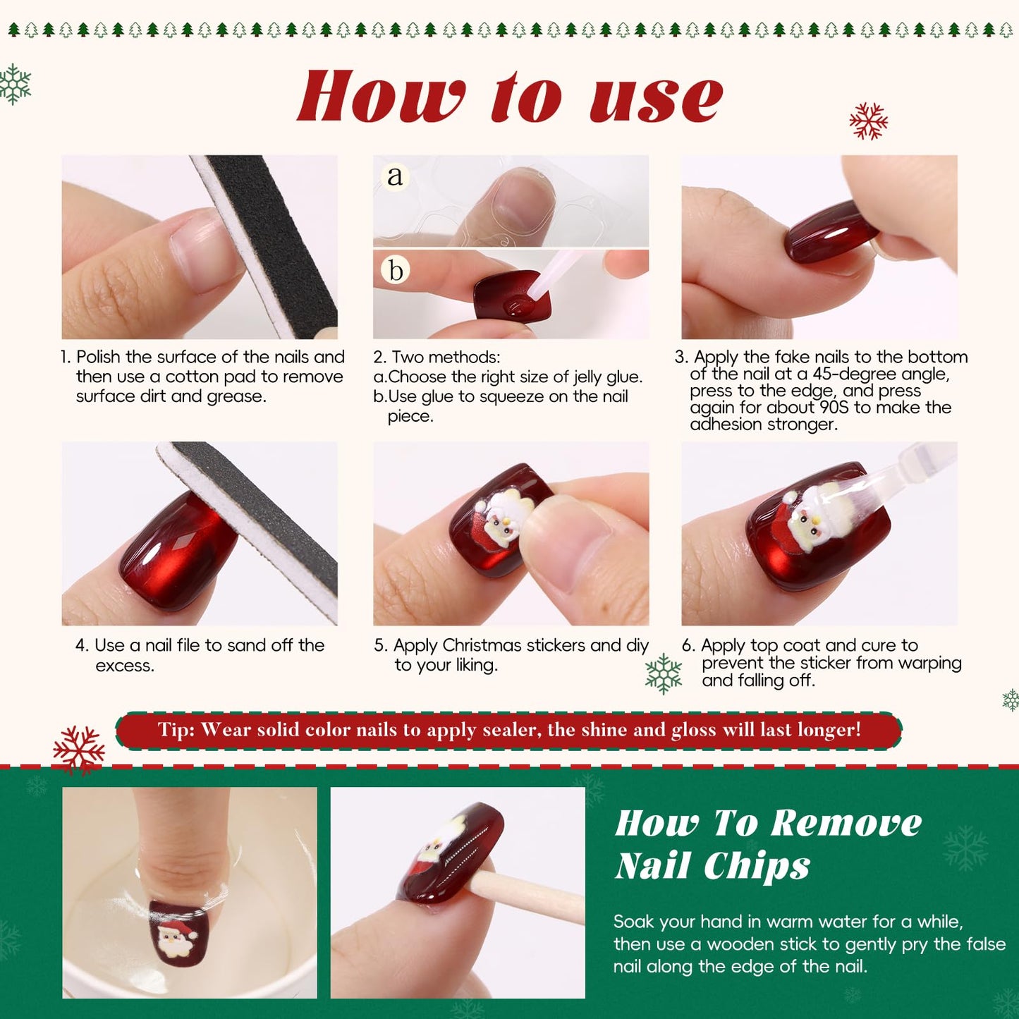 CUZIAM Christmas Press on Nails Short Square Set, 150pcs Jelly Glass Mirror Chrome Cat Eye Nails, Shimmer Snow White Glitter Cherry Red Ruby Holographic Elk Brown Sparkle Green Nails with Stickers