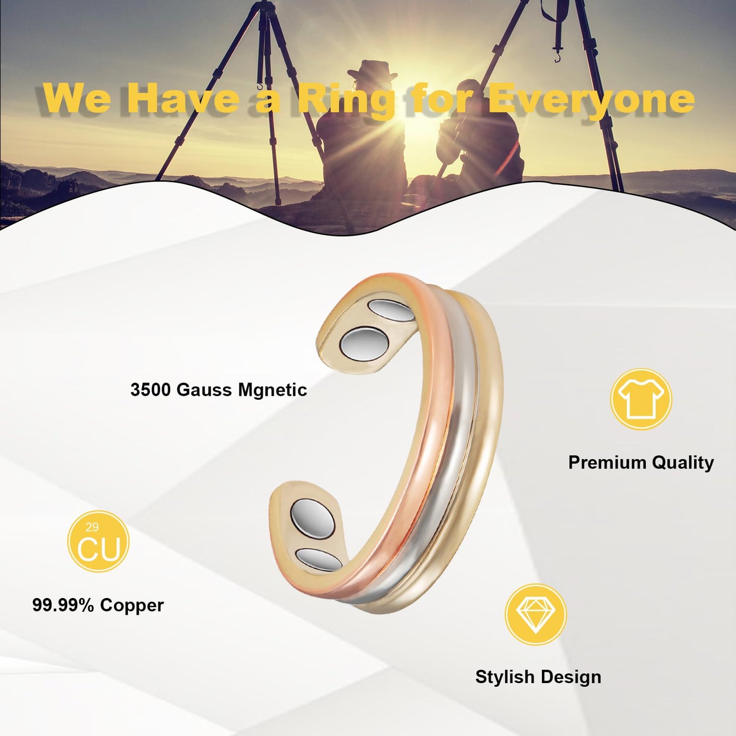 EnerMagiX Copper Rings for Women, Pure Copper Tricolor Gold Adjustable Magnetic Ring Jewelry (0013)