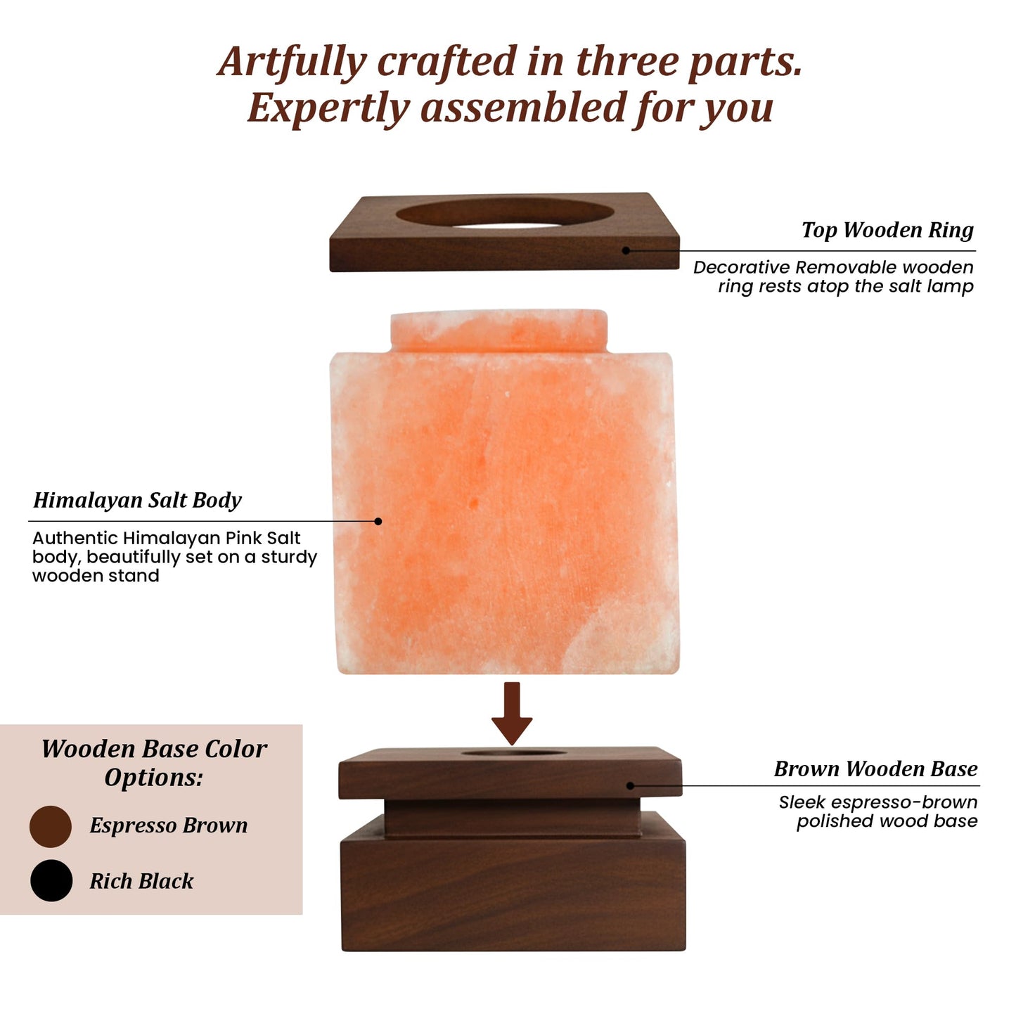POHS 100% Authentic Cube Shape Himalayan Pink Salt Lamp with Brown Wooden Base, Dimmer Switch Cord and Two Bulbs, Night Light for Home and Office Table and Desk, Gift and Decor