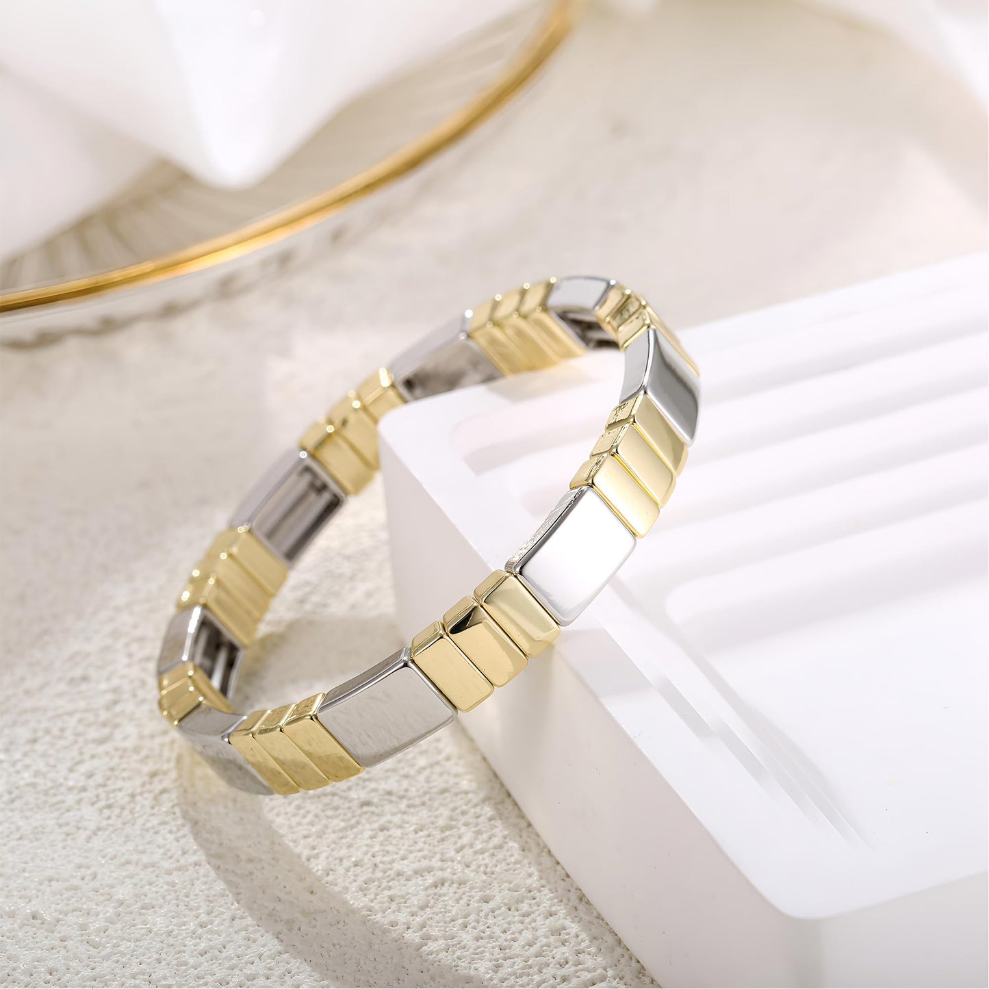 AOLIMI 18k Gold Plated and Silver Bracelet for Women Trendy Two Tone Square Stretch Bracelets Stackable Jewelry