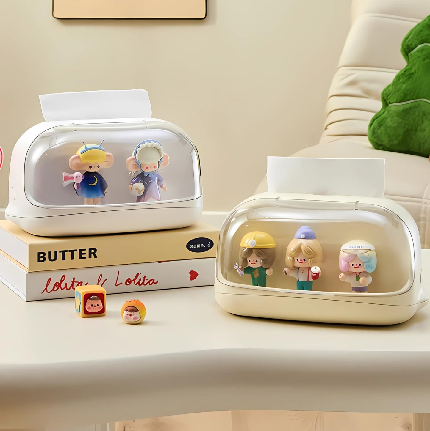 Acrylic Tissue Box with Display Case for Figurines, Dustproof Clear Tissue Holder and Storage Organizer, Compatible with POPMART Collectibles, Desk and Bedroom Decor
