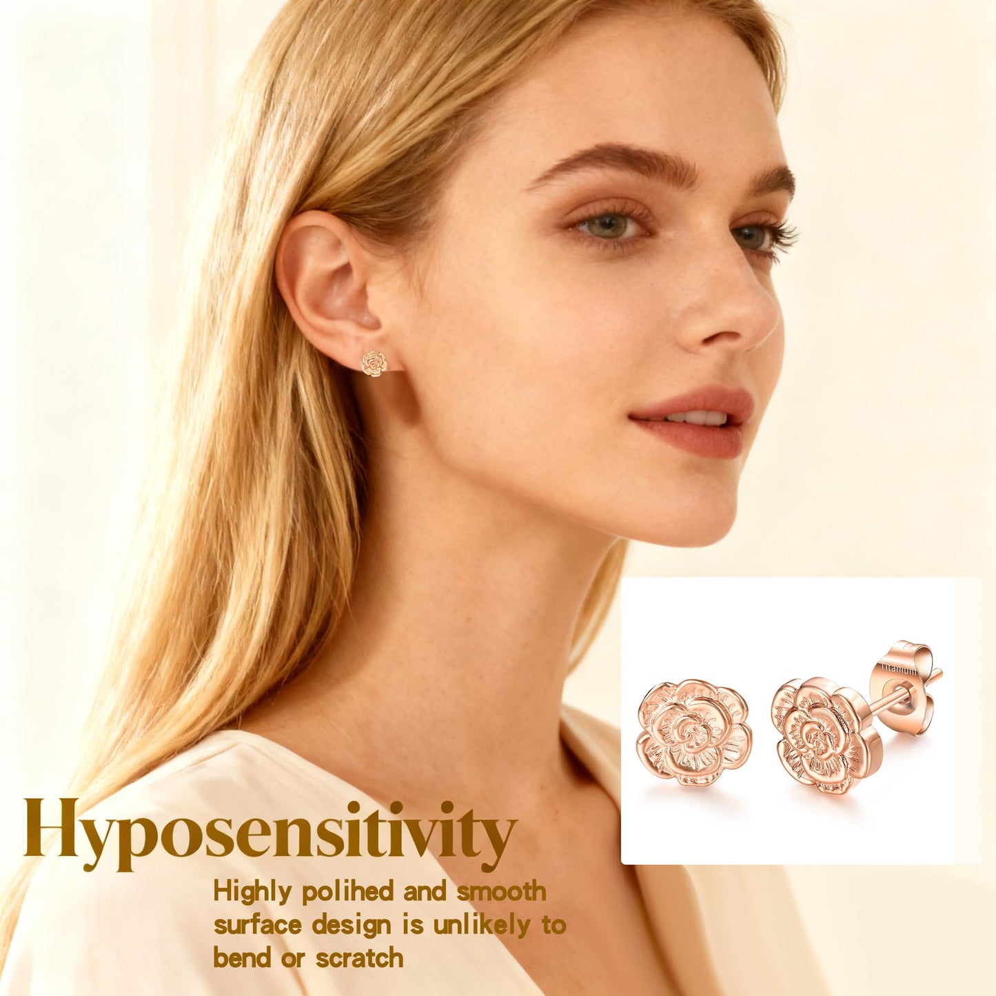 VOJO Implant Grade G23 Titanium Stud Earrings for Sensitive Ears Post Pierced Cartilage Lobe Earring Stud for Women (Rose Gold ROSE)
