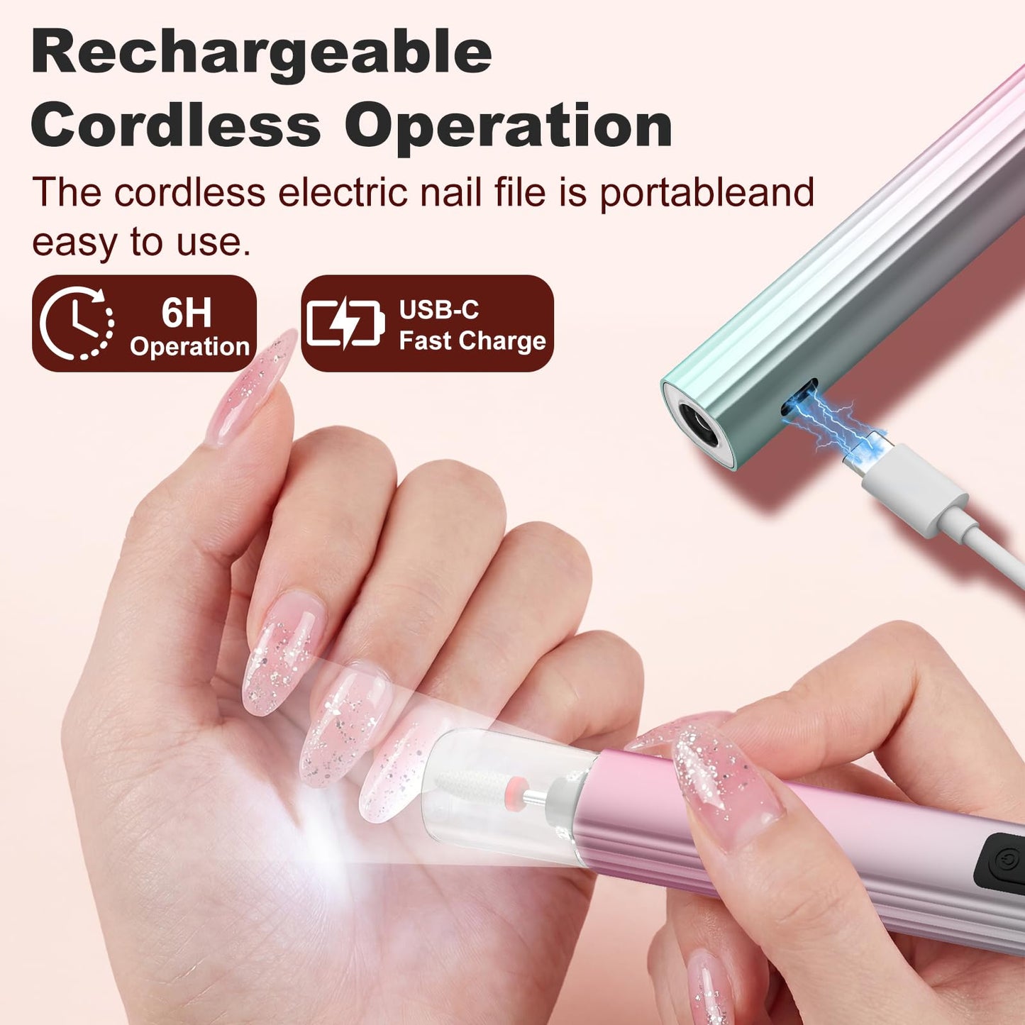 Bzone Cordless Electric Nail File Drill with UV Light Lamp, 5 Speed Rechargeable Portable Manicure and Pedicure Kit, for Human, Pet, Thick Toenails, Natural & Acrylic Nails Grey