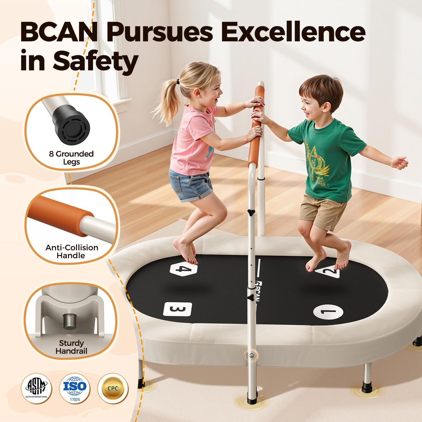 BCAN 56IN 2-Person Kids Trampoline, Safe-Elastic Band Foldable Frame Trampoline for Kids 1-8, ASTM Certified-Toddler Tampoline with Adjustable Stable Handlebar&Thickened Cover,Max Load 220lbs