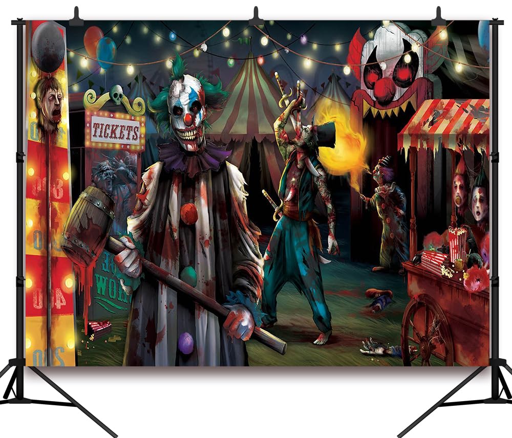 DULUDA 8x6 FT Halloween Evil Circus Clown Theme Backdrop Haunted House Horror Scary Evil Circus Clown Creepy Carnival Birthday Party Decorations Photography Background Banner Studio Props, Clear