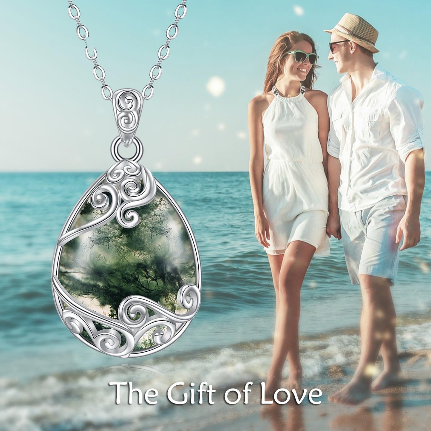 YAFEINI 925 Sterling Silver Moss Agate Necklace Filigree Teardrop Pendant Necklace Moss Agate Jewelry for Women (O-Moss Agate Filigree Necklace)