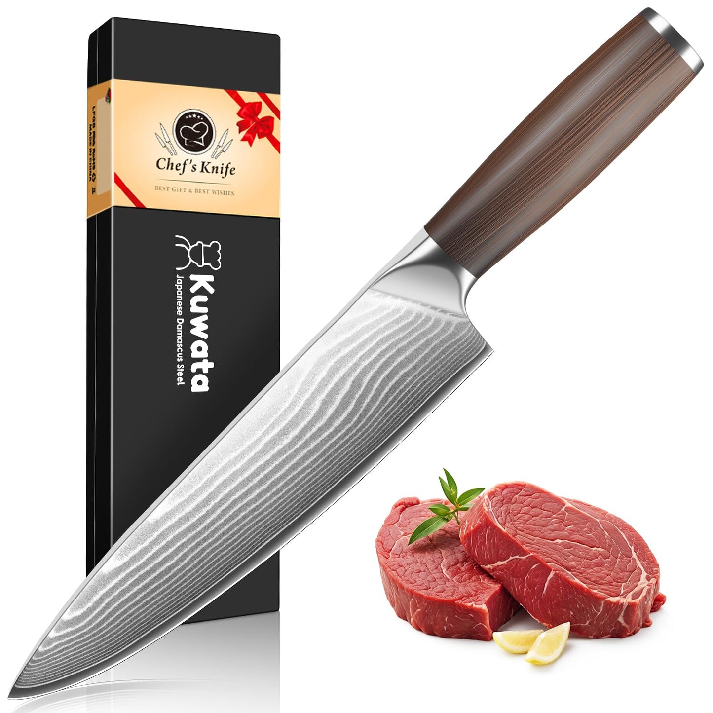 Chef Knife 8 Inch, Professional Damascus Japanese VG10 Damascus Steel Super Sharp Kitchen Knife, G10 Ergonomic Color Wooden Handle with Luxury Gift Box