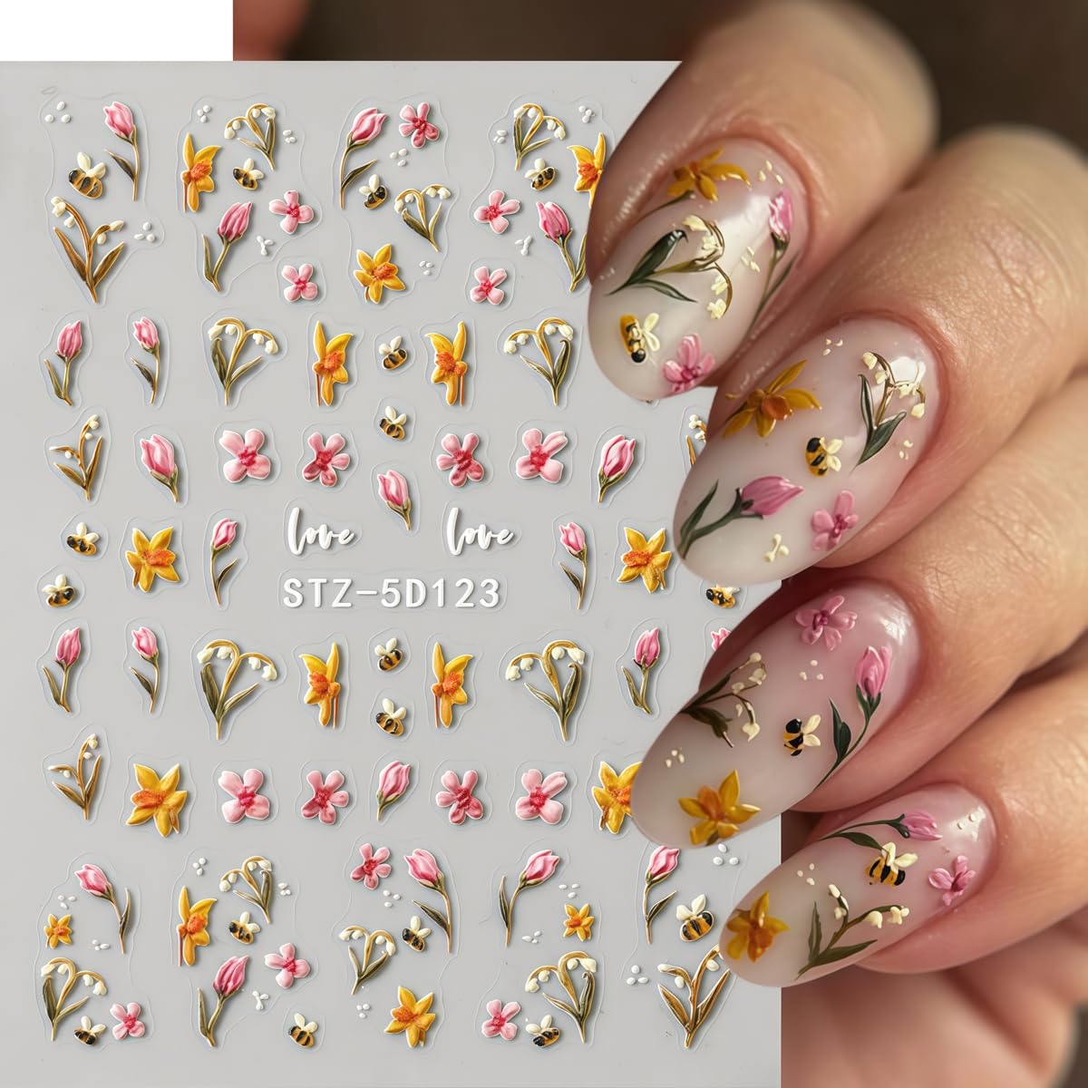 3 Sheets Flower Nail Art Stickers Decals 5D Self-Adhesive Nail Decals Spring/Summer Pink Peach Blossom Designs, Self-Adhesive Decals for Women's Nail DIY Decoration