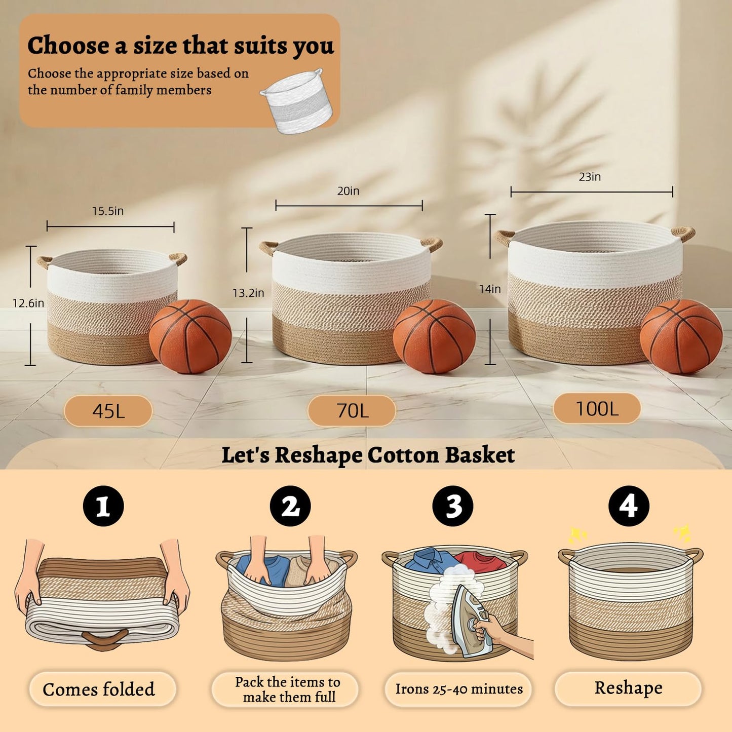 Artfeel 70L Large Cotton Rope Basket, Decorative Woven Blanket Storage for Living Room, Boho Toy Storage & Toy Box for Kids, Versatile Laundry Basket & Nursery Hamper for Blankets(Brown)