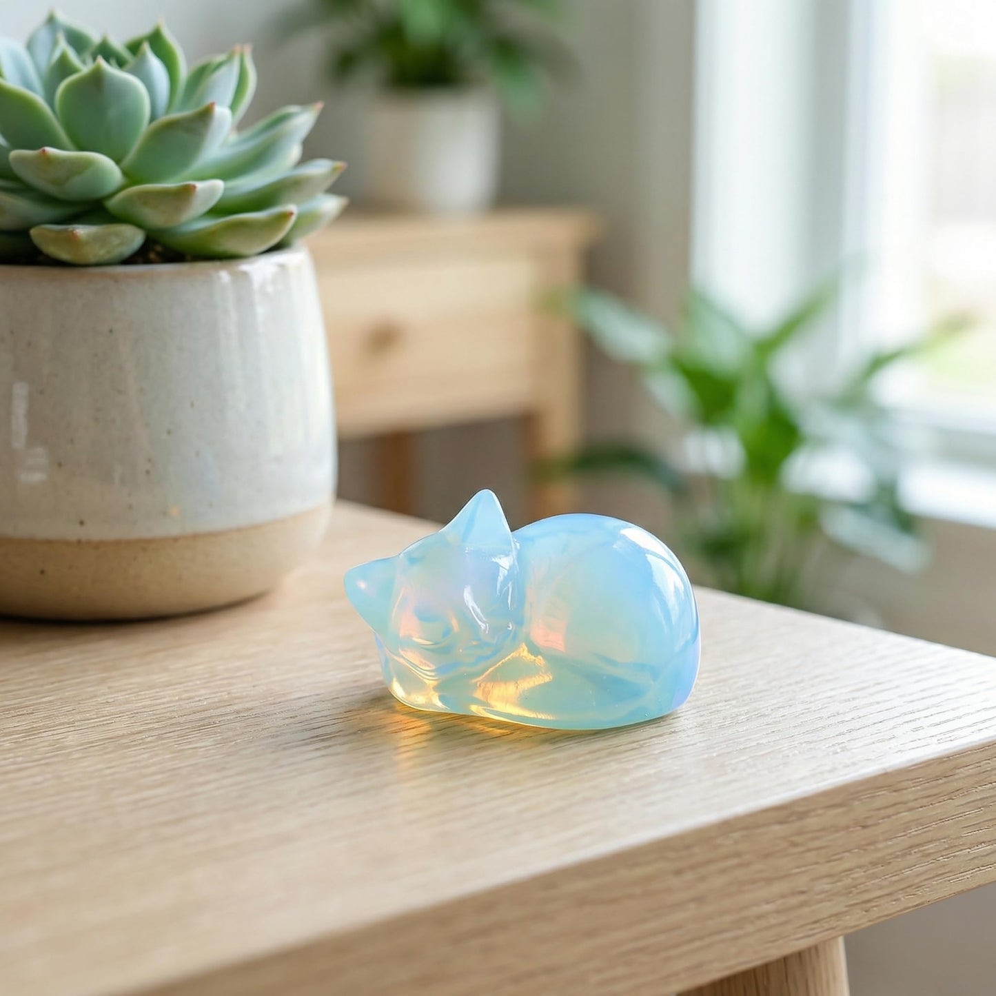RUIJINGYUAN Opal Cat Statue - 2 Inch Hand Carved Healing Crystal Figurine, Sleeping Cat Stone Sculpture for Desk Decor, Office Home Gift for Cat Lovers