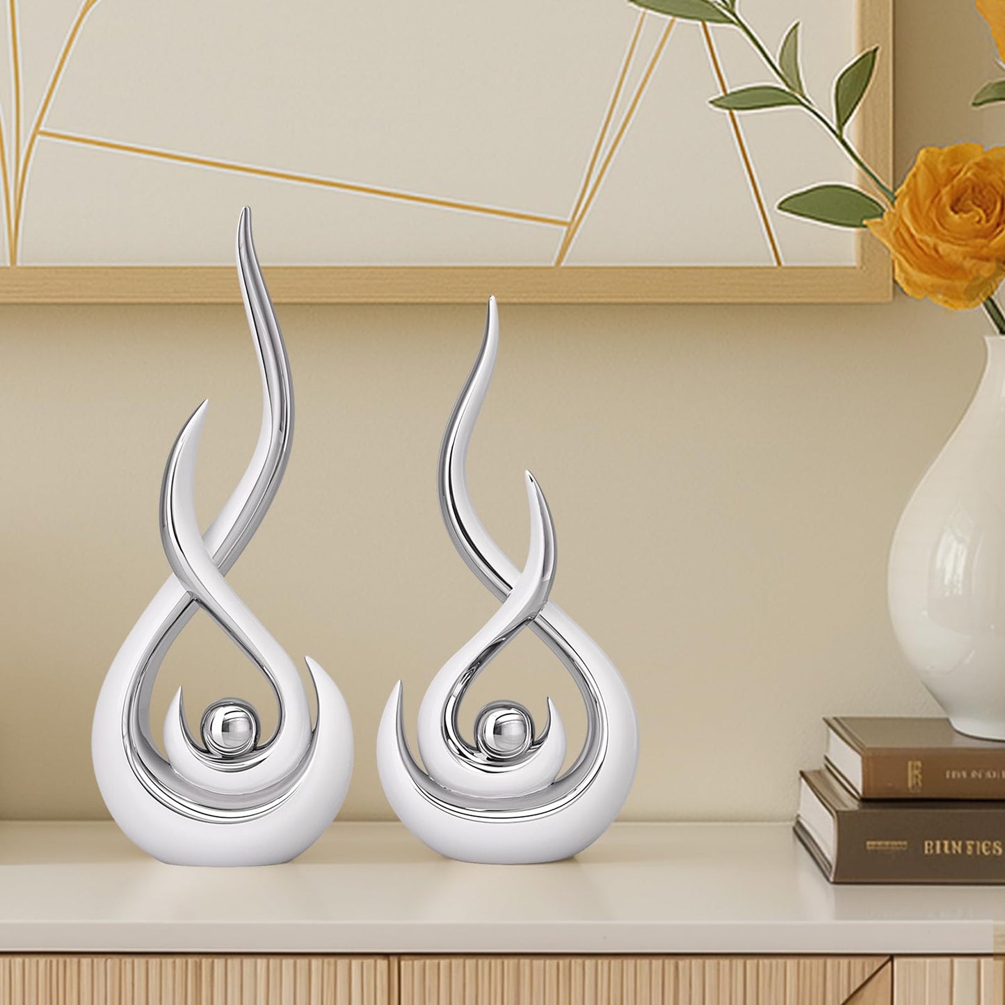 Modern Abstract Art Home Decor Accent,Contemporary Statues Coffee Table Decor for Living Room,Table Centerpieces for Dining Room,Ceramic Sculptures Knick Knacks for TV Stand Show Piece (White Silver)