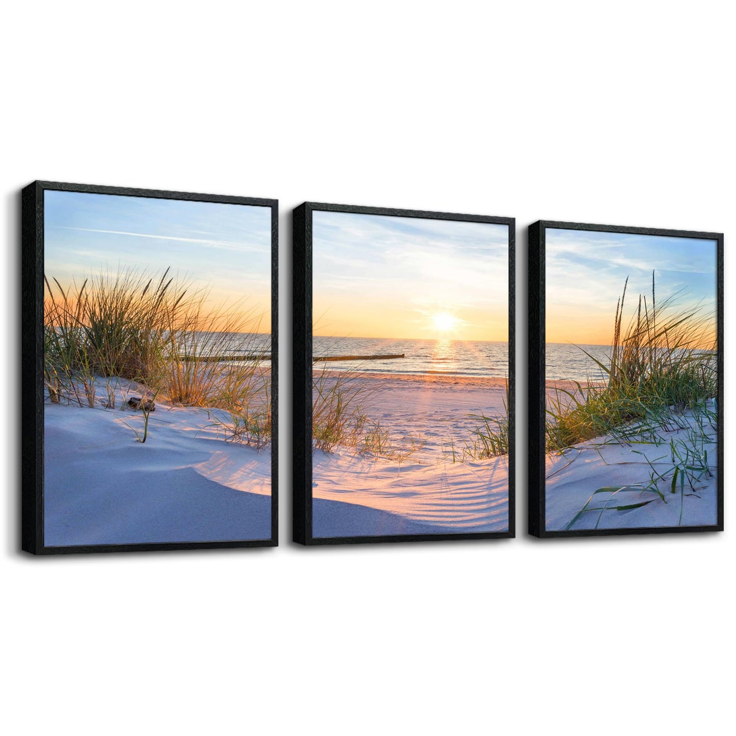 Black Framed Beach Wall Art Set - Blue Seascape Paintings for Living Room, Bedroom & Office - 12"X16" Each