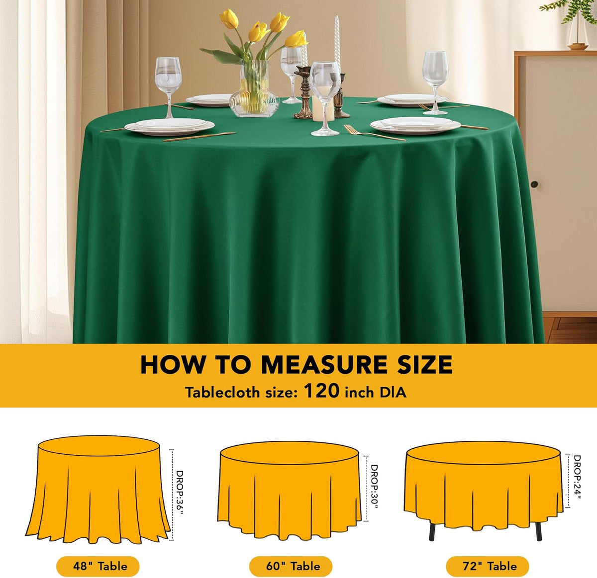 6-Pack Hunter Green Round Tablecloths, 120 Inches, Stain-Resistant Polyester for 5-6 Ft Round Tables - Washable Table Covers for Weddings, Banquets, Birthday Parties, Events