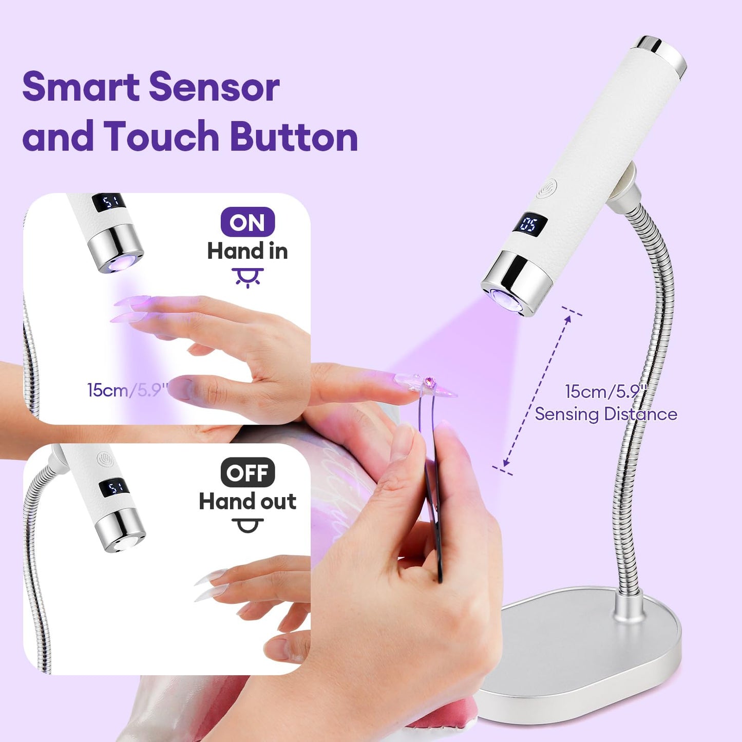 LIARTY UV Nail Lamp Cordless: Mini Rechargeable Auto Sensor LCD Display 2 Timers - Gooseneck Flash Curing Light Pen for Gel Nails Polish with Base (White)