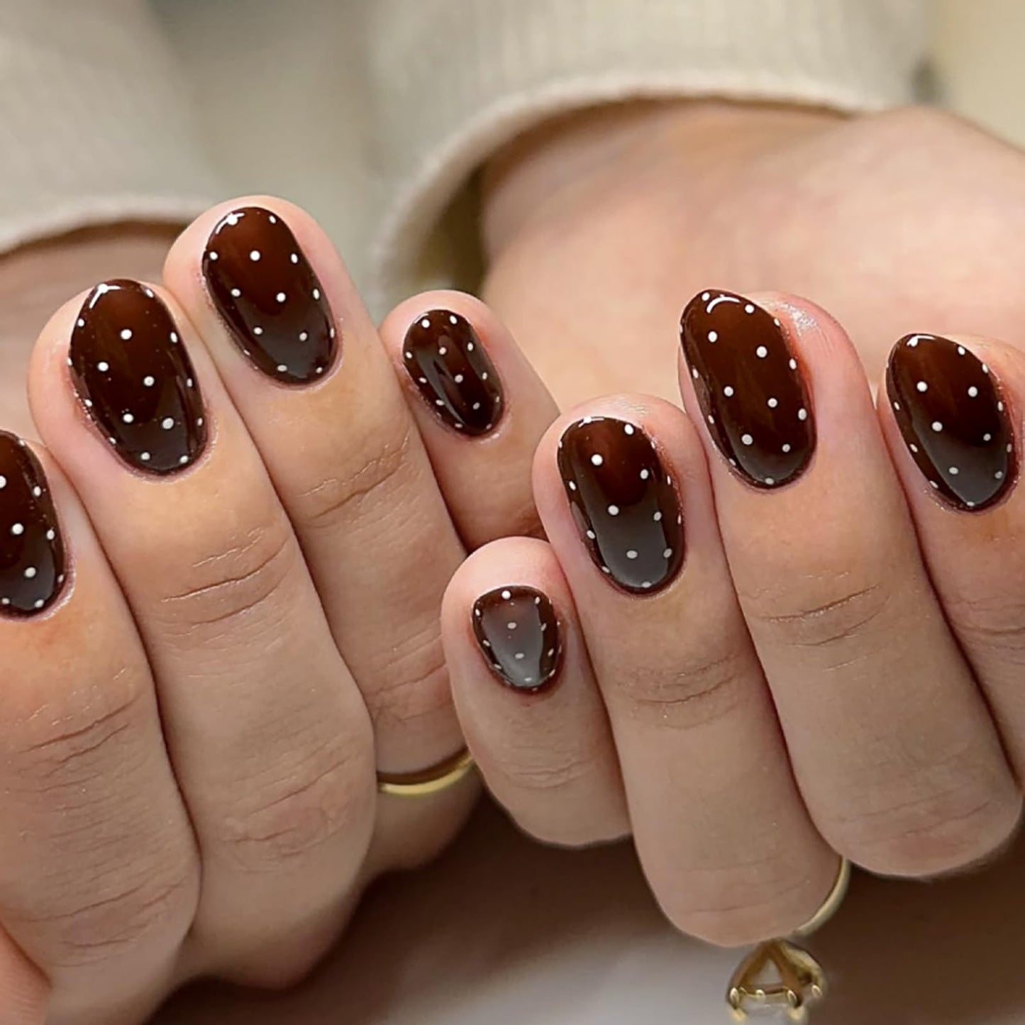 HOSAILY Dark Brown Red Polka Dot Press on Nails Short oval, 24pcs Glossy Fall Winter Glue on Nails, Stick on Nails Press ons for Women