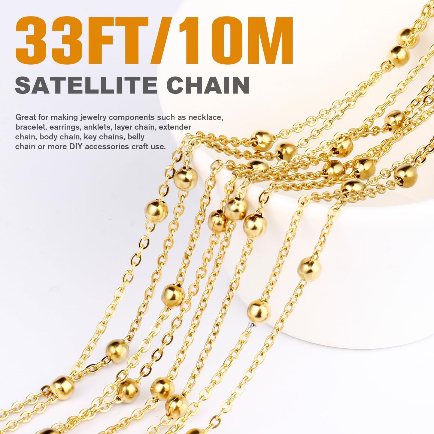 33 Feet Gold Satellite Bead Chains Roll, 2mm 18K Gold PVD Plated 304 Stainless Steel Ball Beaded Cable Link Chains Spool Bulk for Jewelry Making DIY Craft