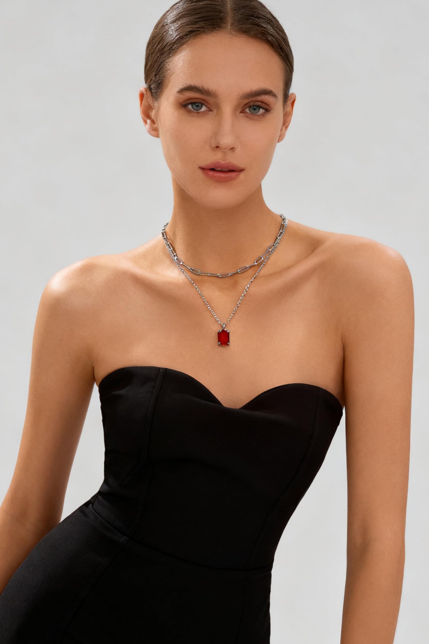 VANGETIMI Red and Silver Layered Pendant Necklaces for Women Silver Plated Crystal Choker Necklace Paperclip Rhinestone Necklace Party Prom Jewelry