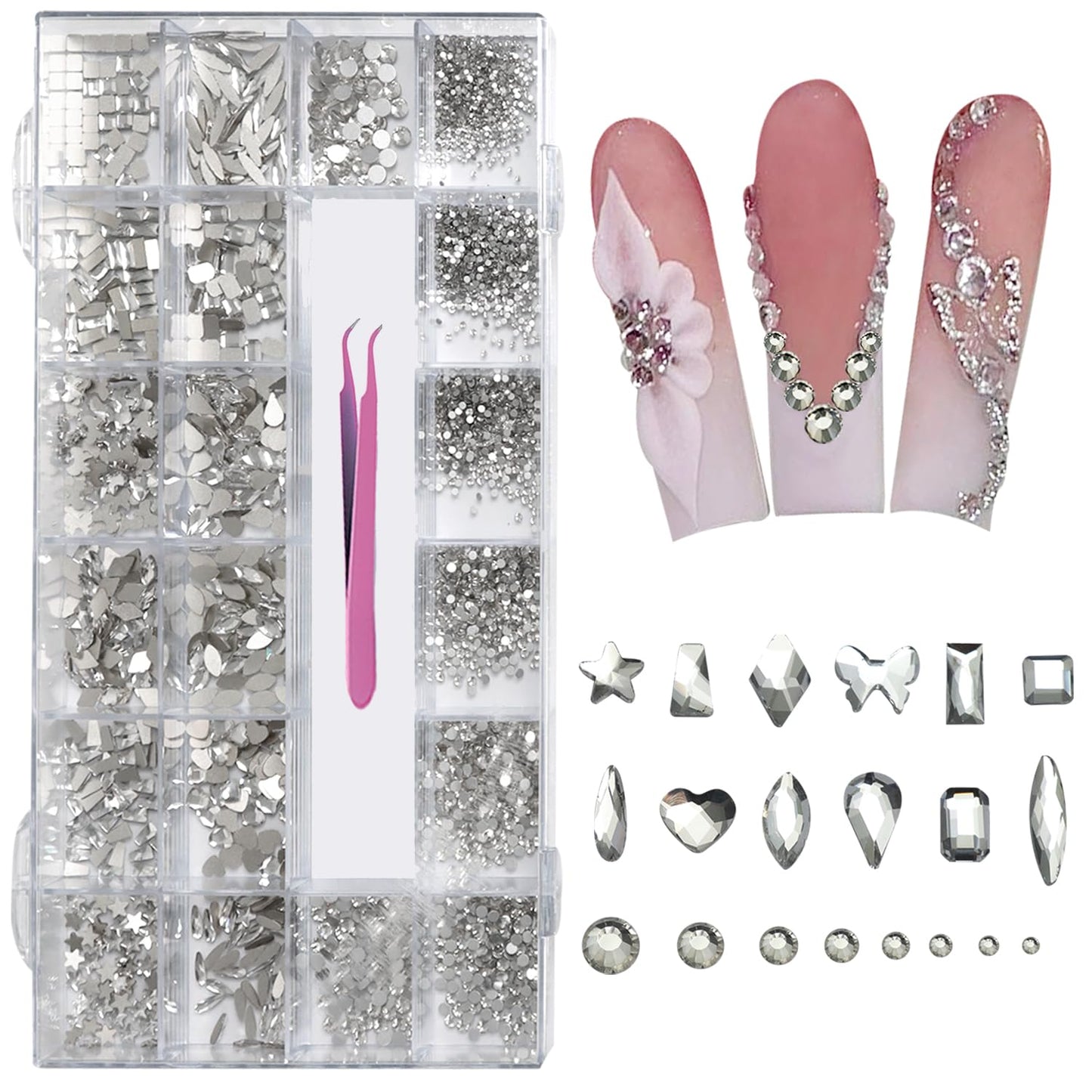 AMLAVIFISH 6080PCS White Rhinestones for Nails, Nail Art Rhinestone Kit, Silver Gems Flatback Crystals Diamonds for Nail Art Design, Mix Sizes Nail Charms and Gems(Tweezers Included)