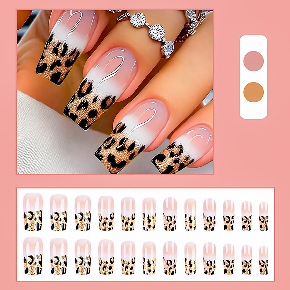 Leopard Print French Tip Press on Nails Long Square Nude Gradient Gold Glossy Fake Nails with Glue Coffin Shape Glitter Acrylic Nails for Women Manicure Decoration 24PCS Reusable False Nails