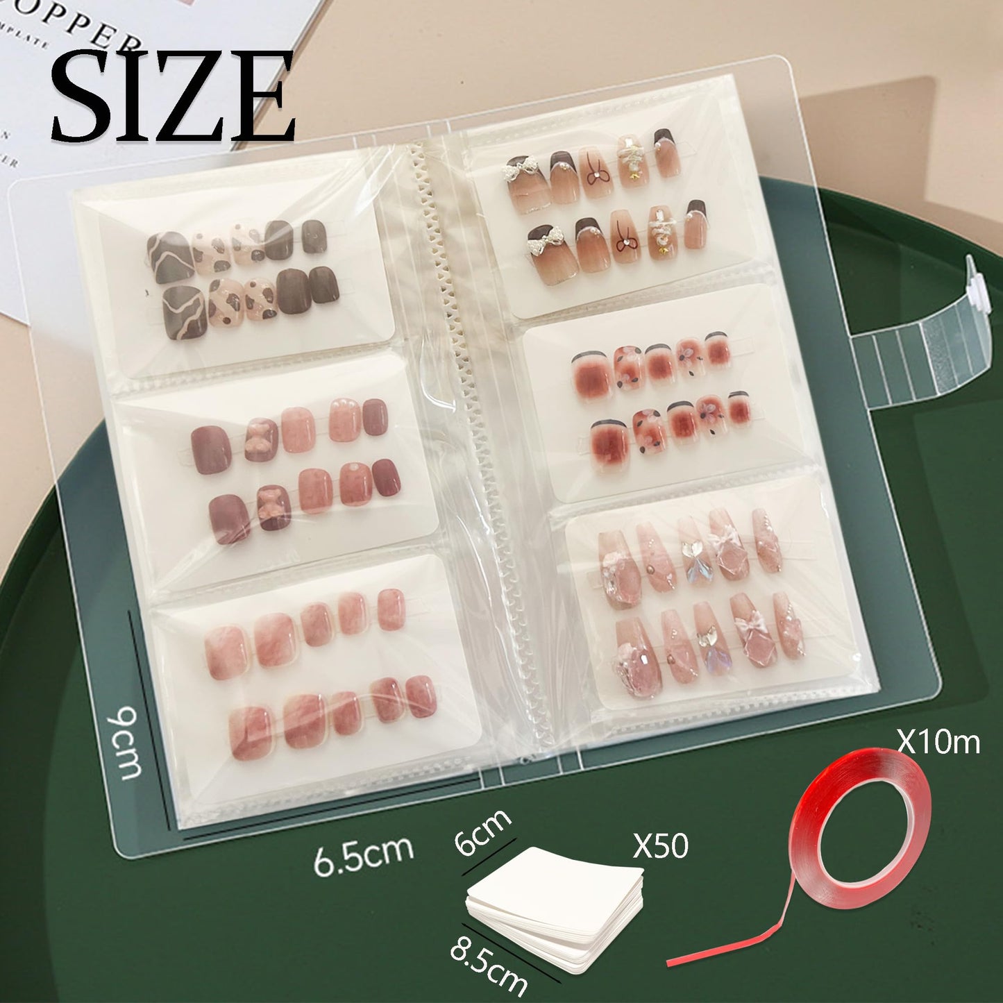 Press On Nail Storage Book Empty Press On Nails Packing Book Set Nail Organizer Display Accommodate 42 Pairs Press On Nails with 10m Double-Sided Adhesive Tape and 50pcs Nail Display Cards