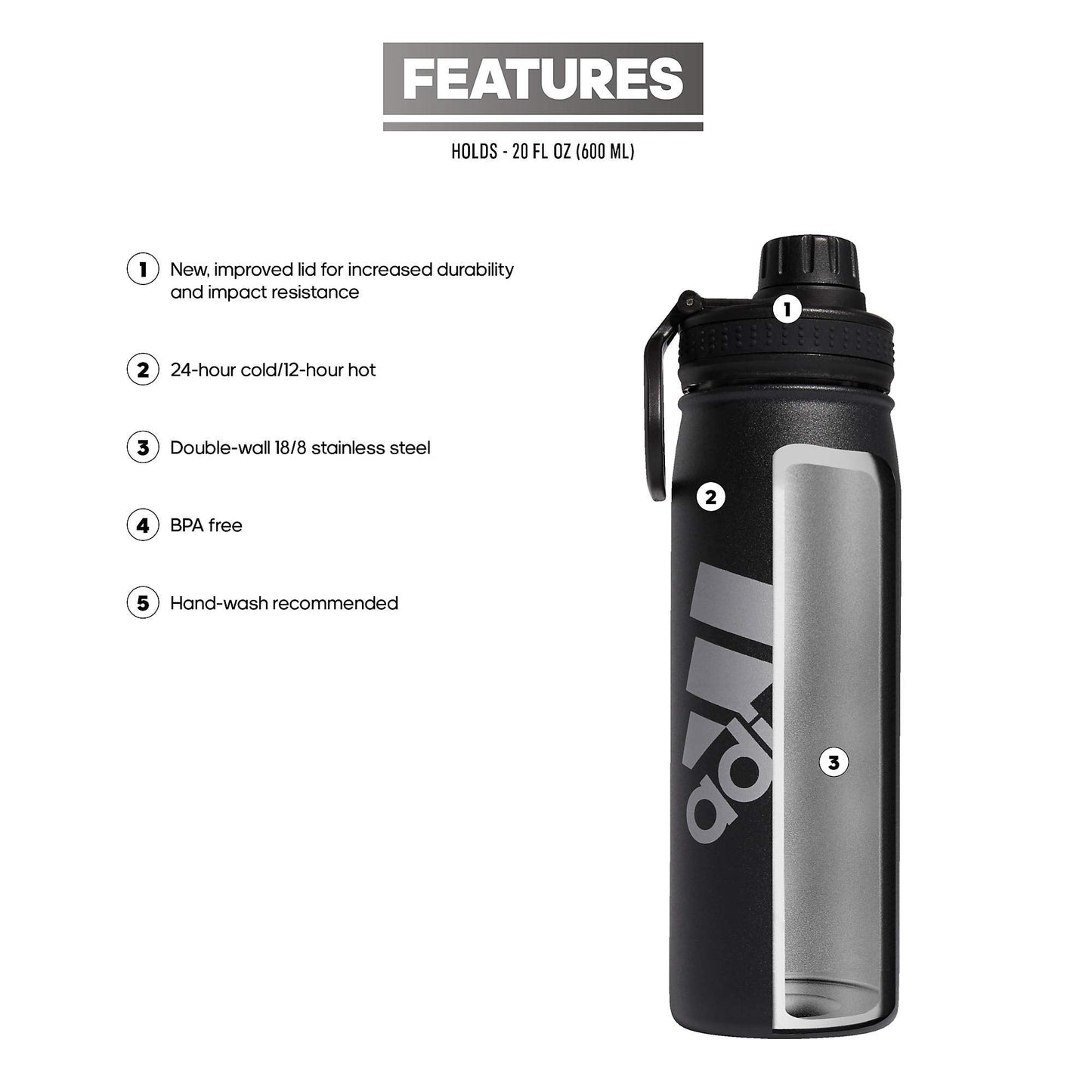 adidas 600 ML (20 oz) Metal Water Bottle, Hot/Cold Double-Walled Insulated 18/8 Stainless Steel, Black/Silver Metallic, One Size