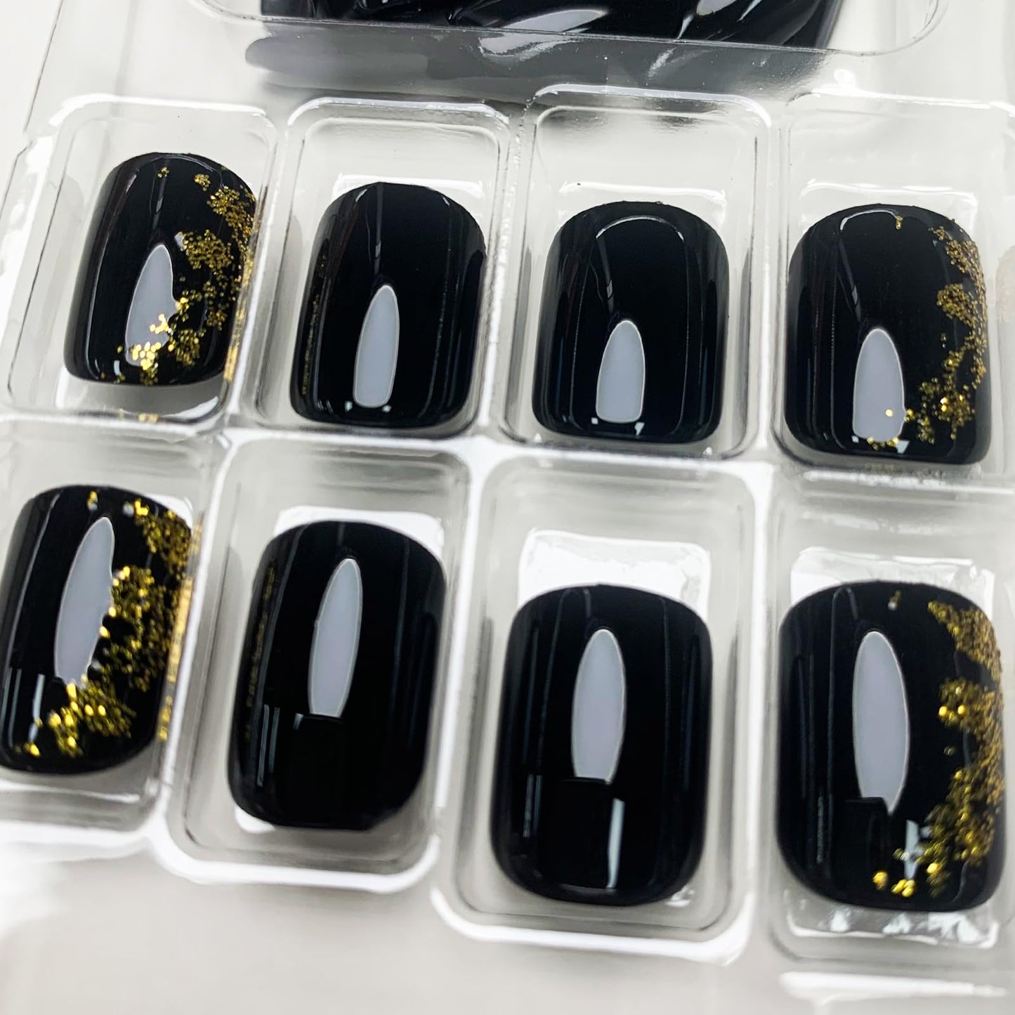Black Press on Nails Short Square Fake Nails Gold Foil Glue on Nails Glossy Acrylic False Nails Reusable Manicure Art Nail Kit Black Full Cover Stick On Nail for Women 24Pcs