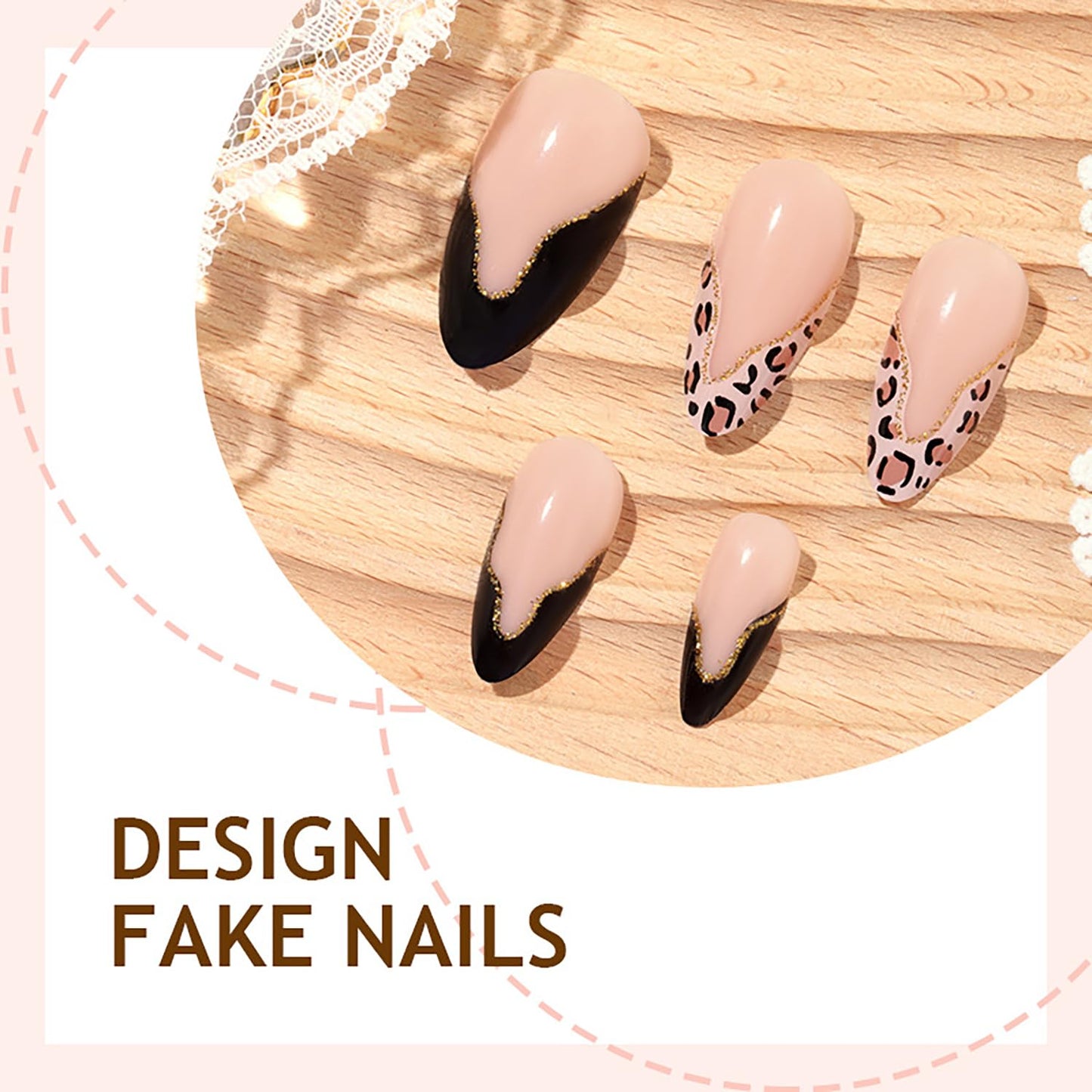 Leopard Print French Press On Nails Almond Medium Fake Nails Press Ons With Gold Glitter Design Pink False Acrylic Nails Glossy Full Cover Glue On Nails For Women Nail Supplies