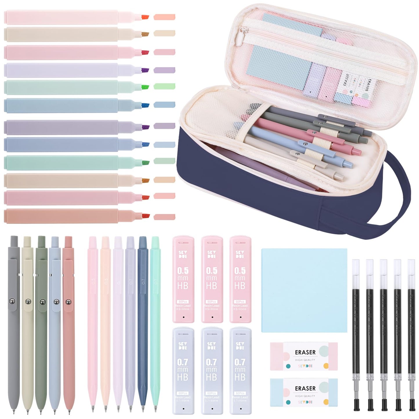 SKYDUE Cute School Supplies 38 PCS, Pencil Case with 12 Pastel Highlighters, 5 Black Gel Pens, Mechanical Pencils, College Essentials Students Stationary Set Dark Blue