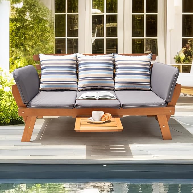 IDZO Amelie Outdoor Daybed Sofa: 750lbs Max Weight Support, Sleeper Chair with Armrest, Coffee Tray, 3 Pillows, FSC Wood, Gray, Ideal for Outdoor Couch
