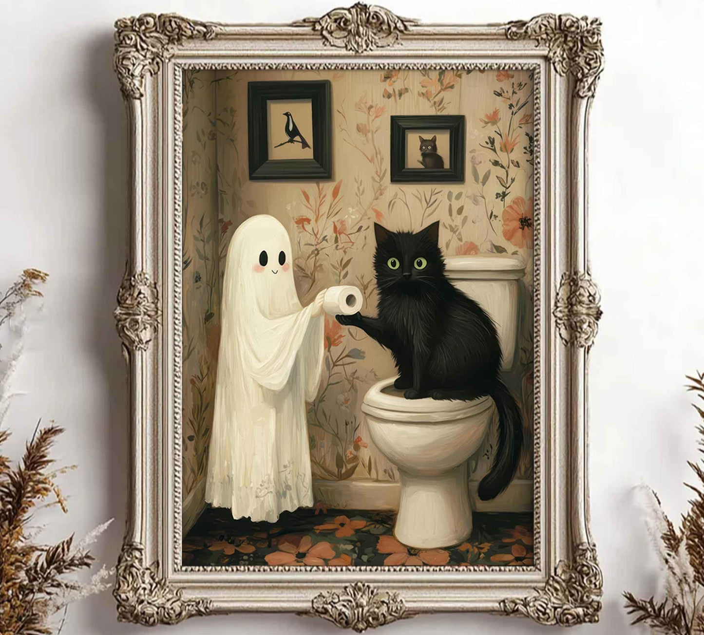 6Pcs Halloween Ghosts Wall Art Ghost Black Cat Funny Gothic Wall Decor Pictures Retro Horror Creepy Dark Academia Poster Prints for Bedroom Gallery Bar Home Decoration 8x10in Unframed